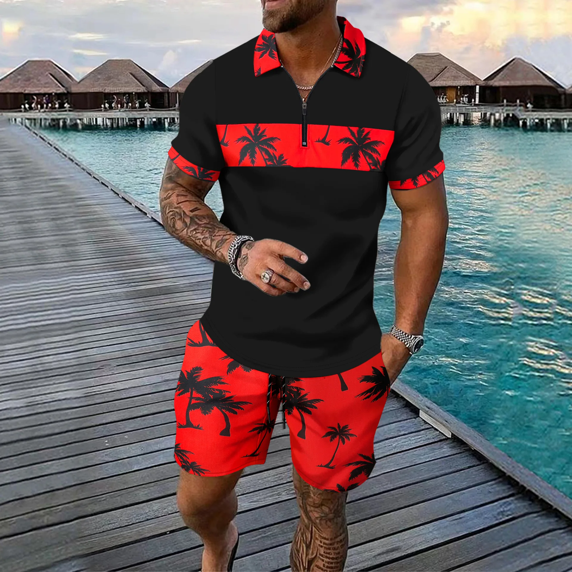 Summer New Men's Trend Casual Beach Style Digital Printing Short-sleeved T-shirt Shorts Set
