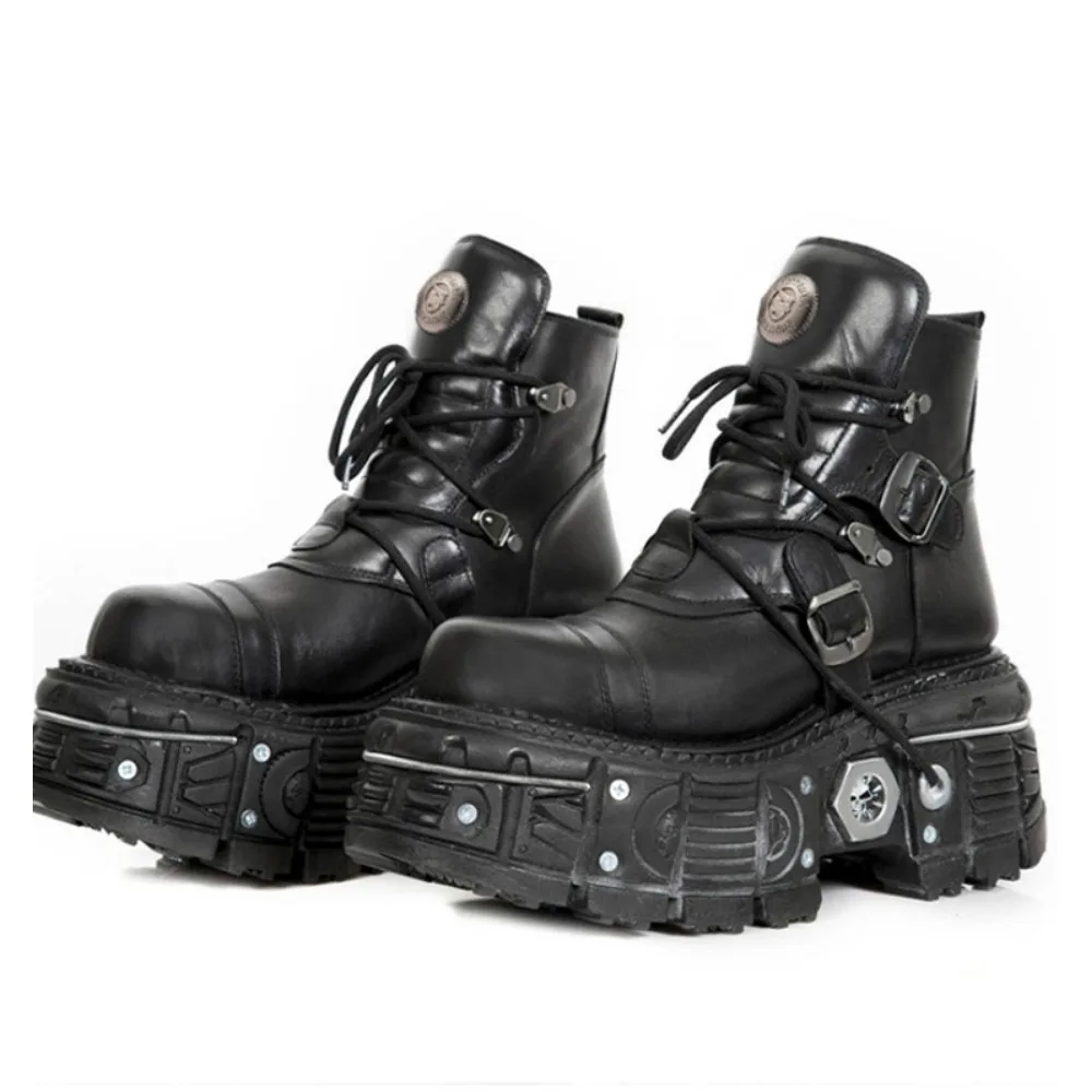 

Genuine Leather Motorcycle Boots Rivet Metal Buckle Thick Sole Round Toe Mid-calf Boots Punk Hot Tied Rock Western Short Boots