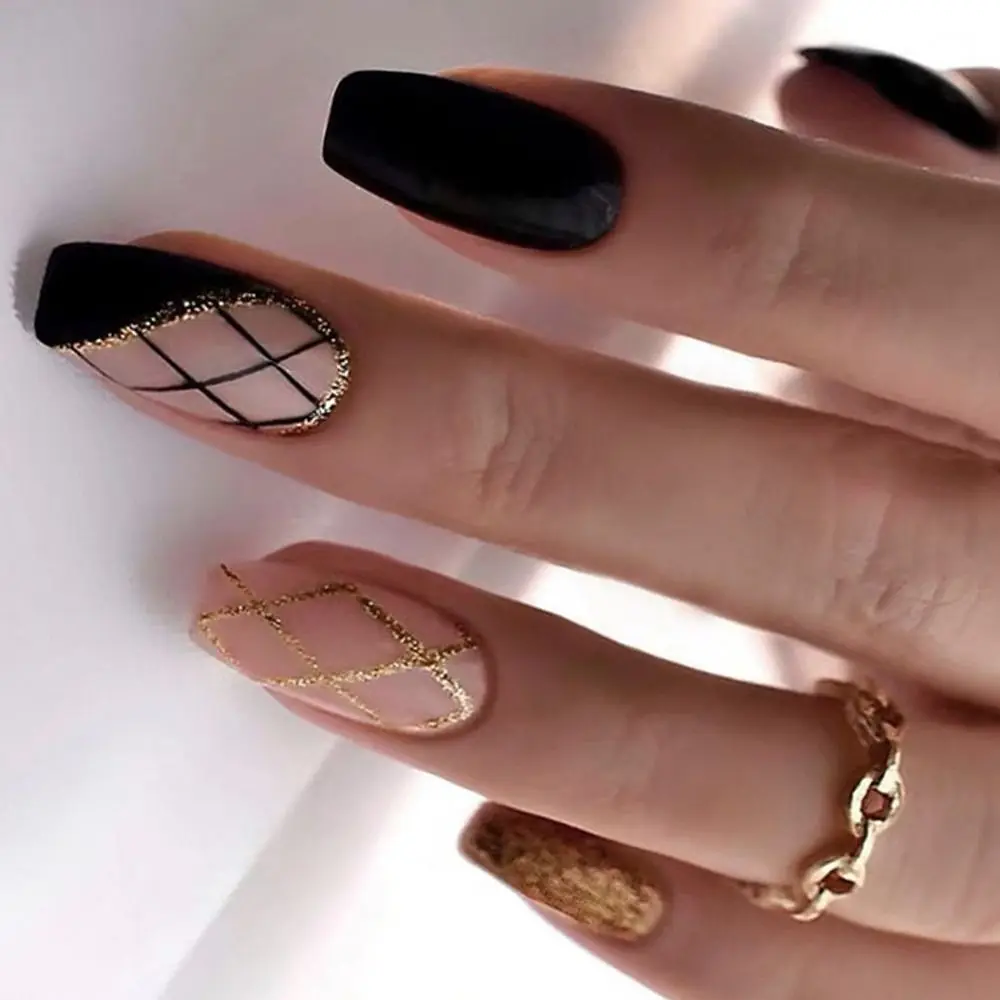 24個入り 取り外し可能なネイルチップ フェイクネイル グリッターバースト プレスオンネイル ブラックミステリー 付け爪 フレンチロングスクエア