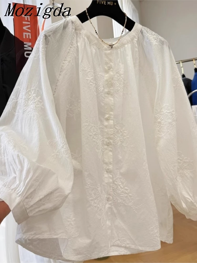 

Spring Oversize Lantern Sleeve Embroidered Blouse Shirt Women Korean Loose Round Neck Ladies Shirts Tops Blusa Feminina