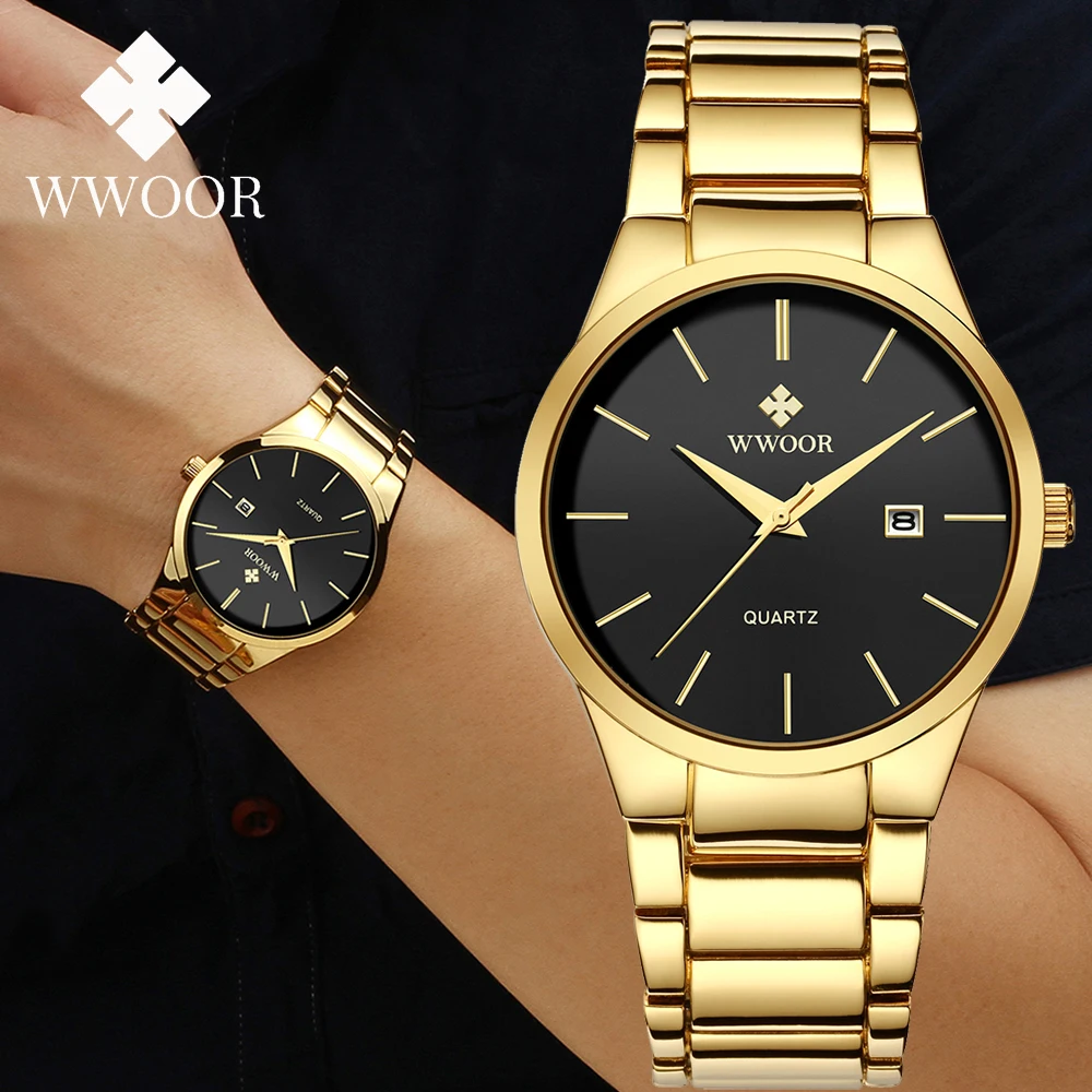 WWOOR-reloj deportivo de cuarzo para Hombre, cronógrafo de pulsera, resistente al agua, con calendario, color dorado y negro, para negocios, nuevo,