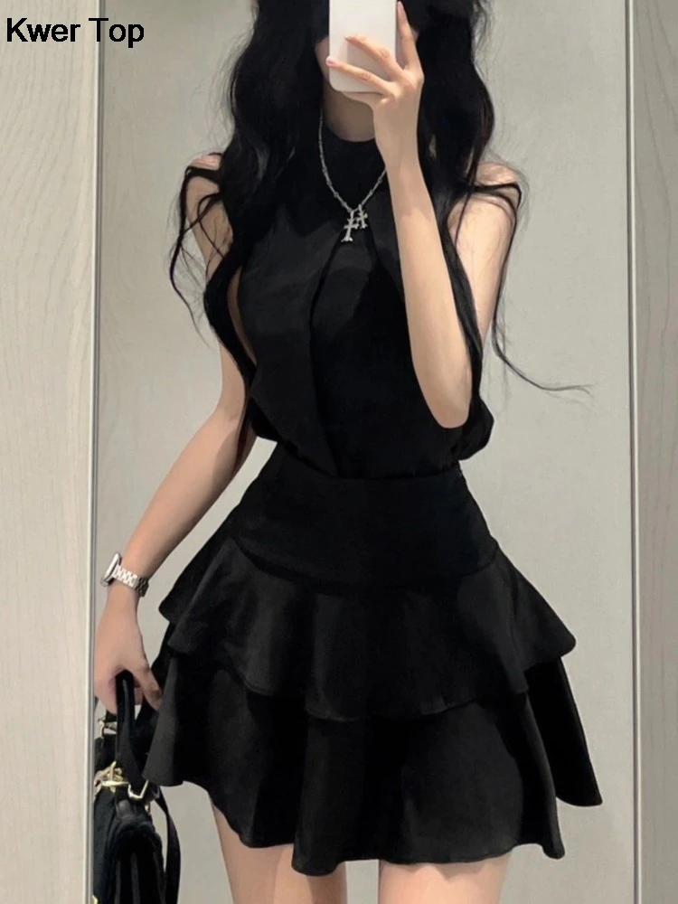 Black Y2k Skirt 2 Piece Sets 2024 Summer Women Korean Fashion Crop Blouse Ruffles Pleated Mini Skirts Outfits Female Clothing