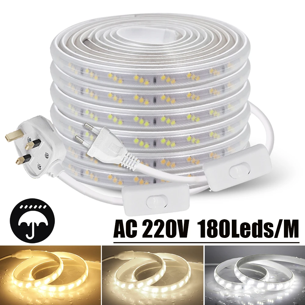 AC 220V LED Strip IP65 Waterproof EU UK 2835 180Leds/M 3000K 4000K 6000K White Room Decor Flexible Ribbon Stripe Chain Light