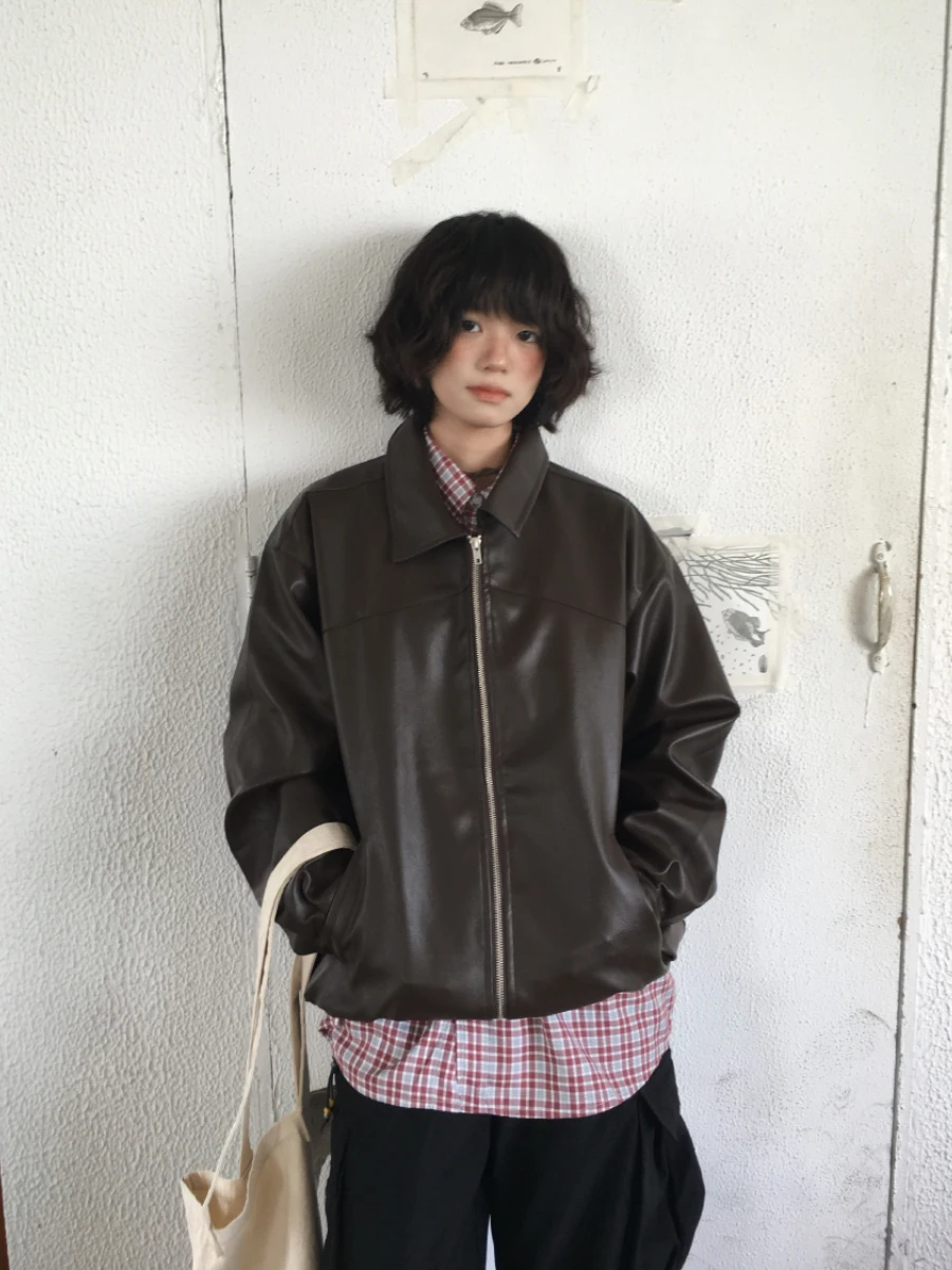

Retro PU Leather Jacket Brown Simple Neutral Style Long Sleeve Streetwear Trendy Women's Fashion Autumn Collection