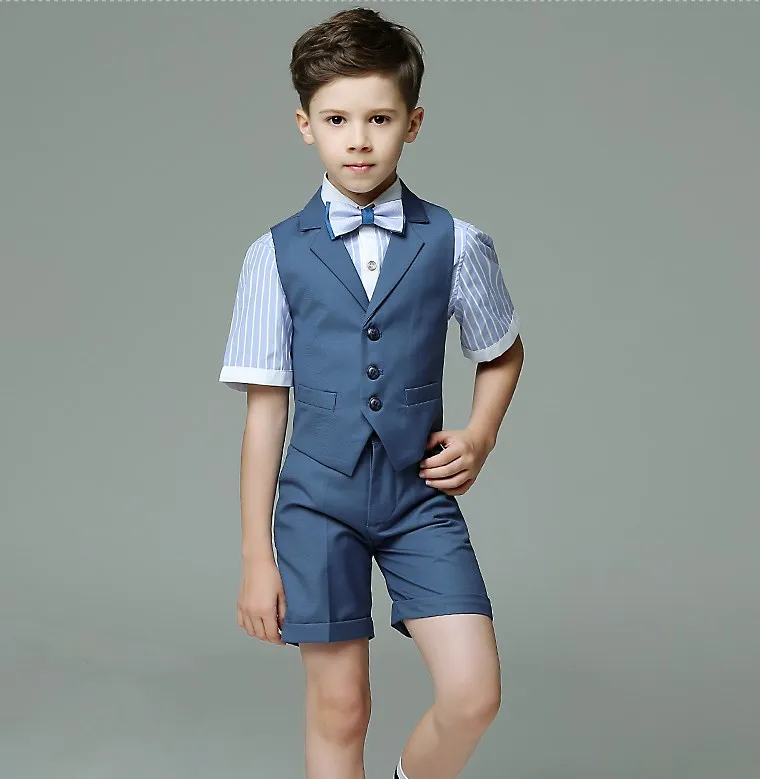 

Gentleman Boys Summer Wedding Suit Kids Vest Shirt Shorts Bowtie 4PCS Formal Suit Child Photography Costume Teenager Uniform