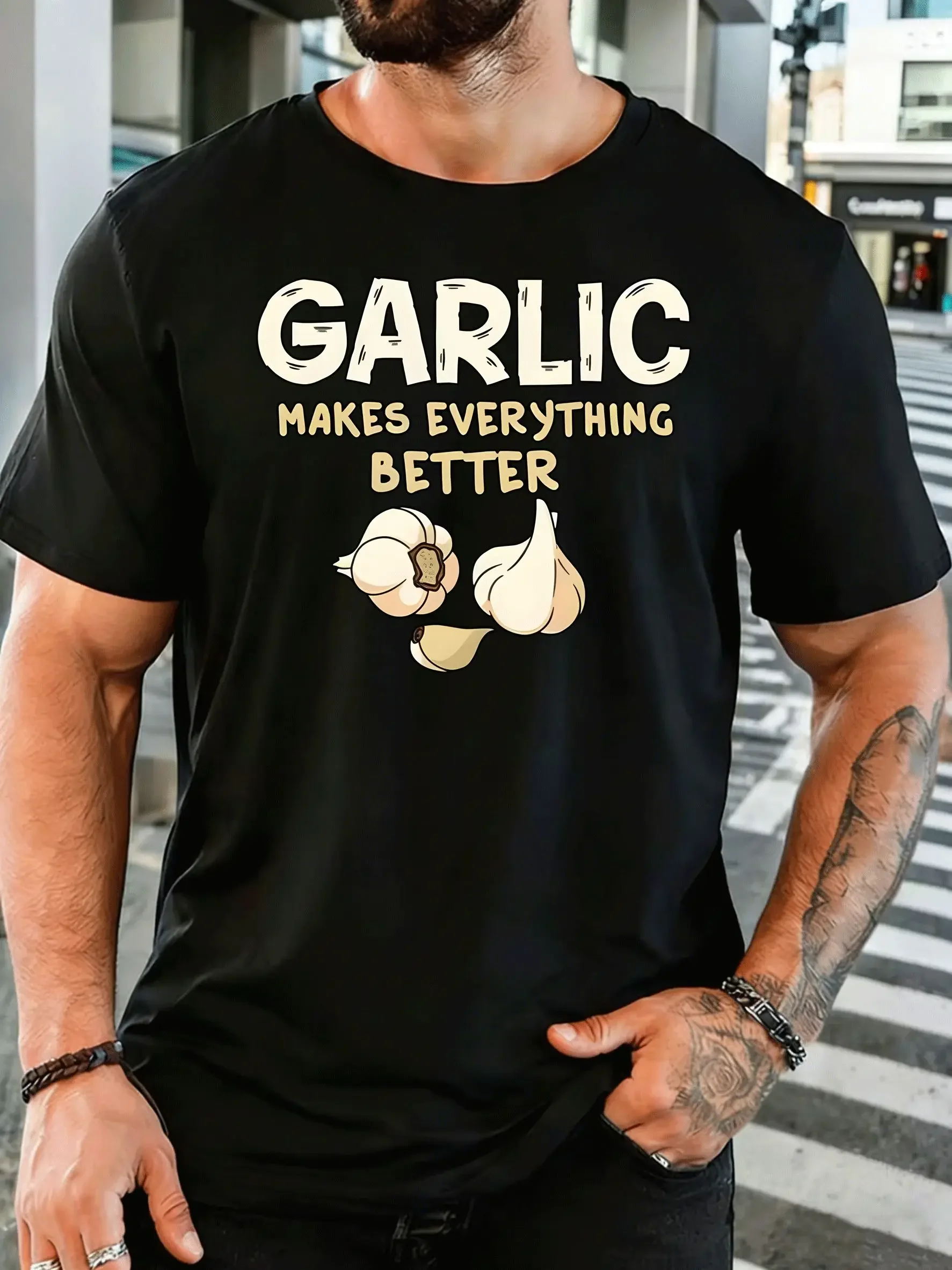 New Summer Garlic Makes Better Mens Front Print T Shirt Vegetable Slogan Graphic Tee Casual Short Sleeve Top Cooking Lover S-5xl