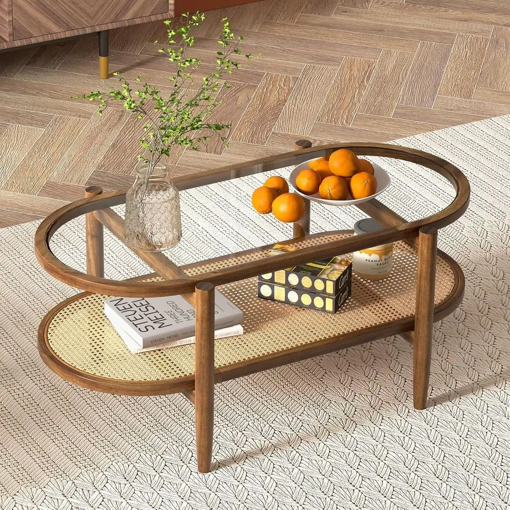 

Coffee Table, 2-Tier Oval Acacia Wood Tea Table with Tempered Glass Tabletop & PE Rattan Storage Shelf, Boho Cocktail Tables, Mi