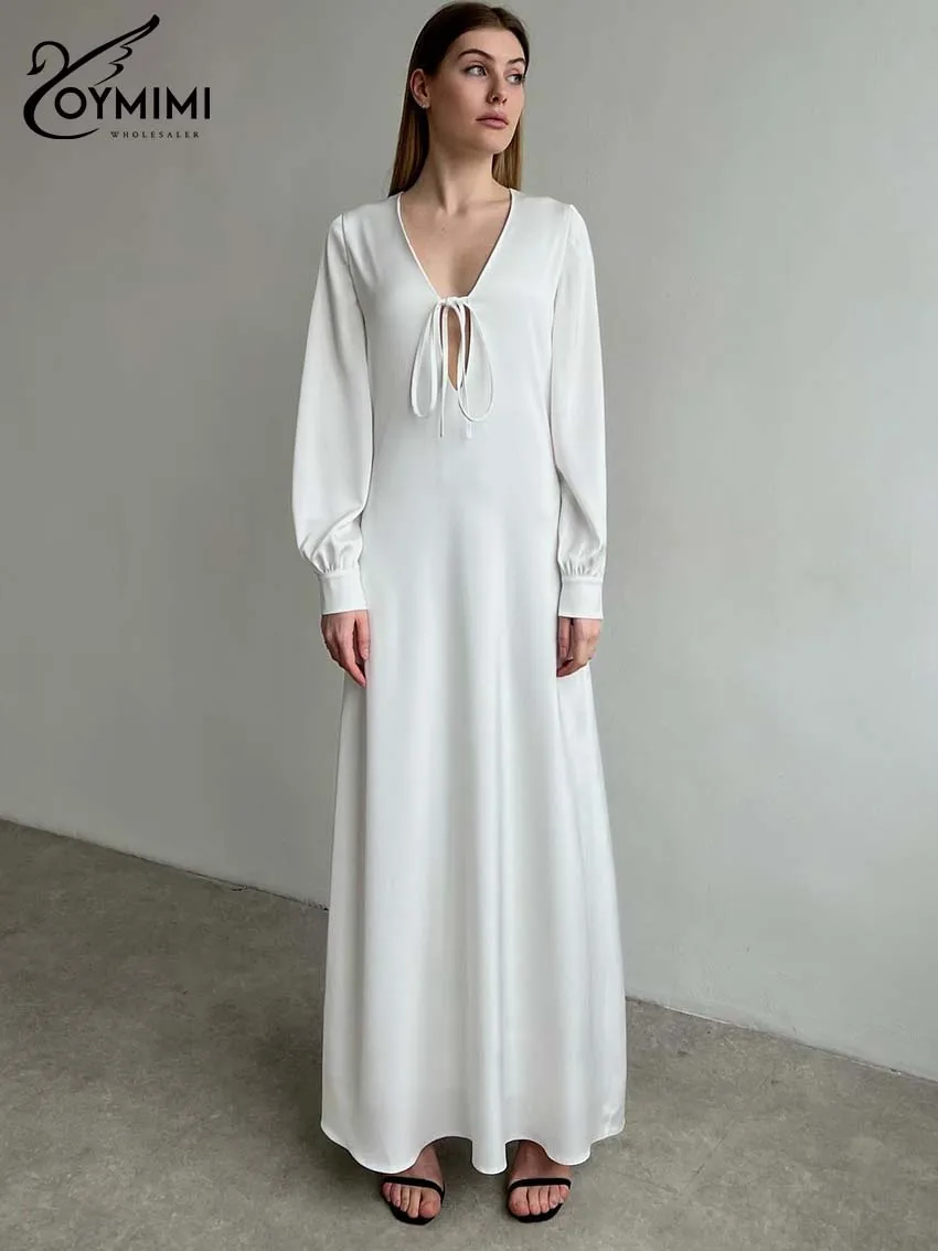 

Oymimi Elegant White Deep V-Neck Womens Dresses Fashion Lace-Up Long Sleeve Solid Dresses Casual Loose Ankle-Length Dress Female