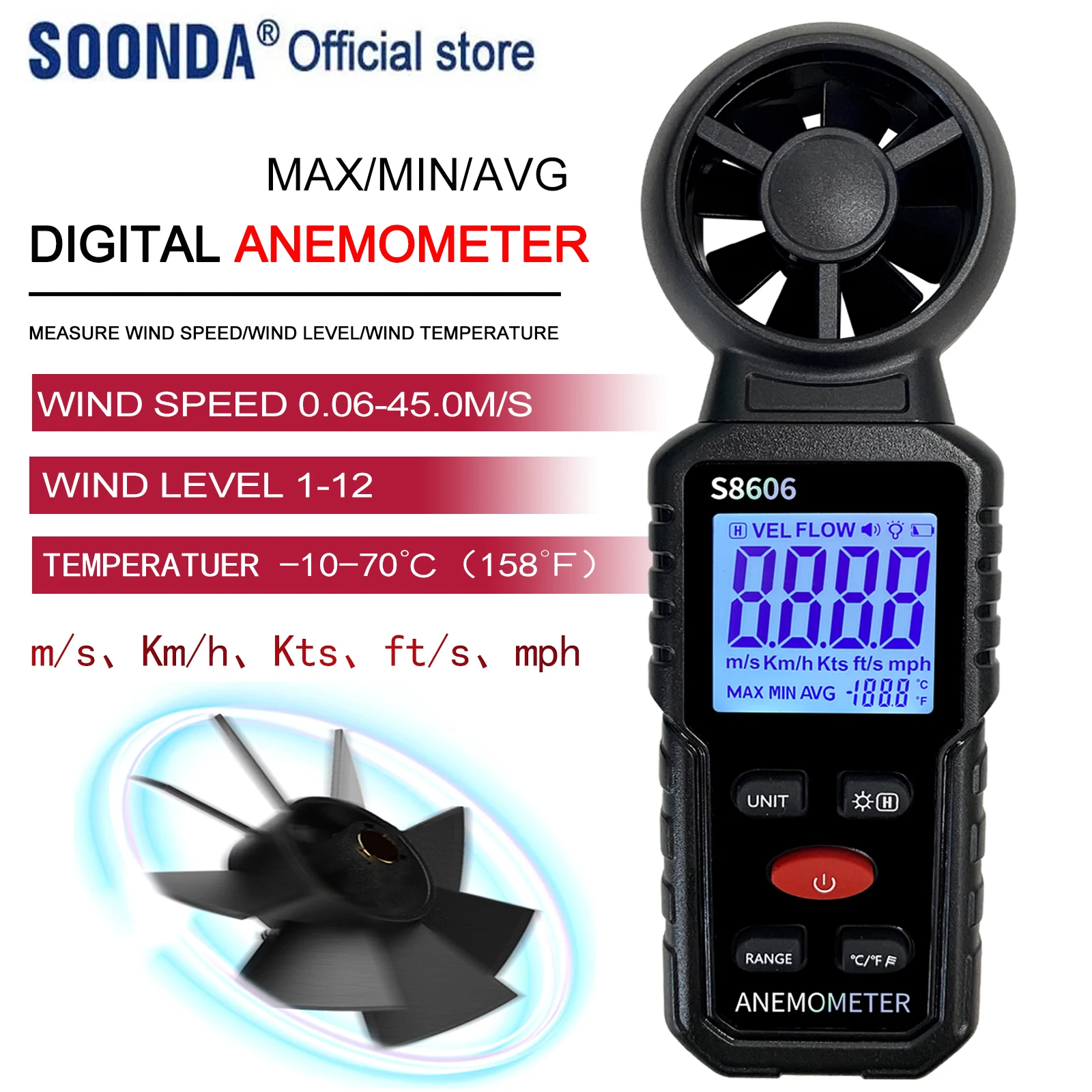 3 in 1 Handheld Anemometer Wind Speed Meter Gauge Speedometer Wind Level Tester Air Flow Meter Temperature Measuring Device tool