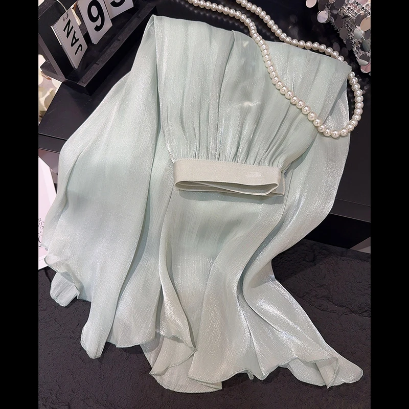 New Style Elegant Flowing Chiffon Umbrella Skirt Retro Summer High-End Streamer Feel Glitter High Waist A- Line Skirts