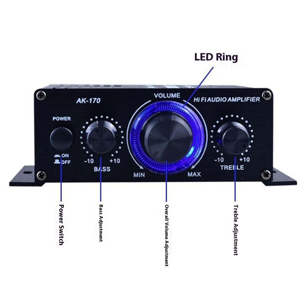 AK-170 Mini amplificatore audio HiFi 12V 2.0CH amplificatore stereo 20Wx2 con controllo degli alti bassi per altoparlanti domestici per auto