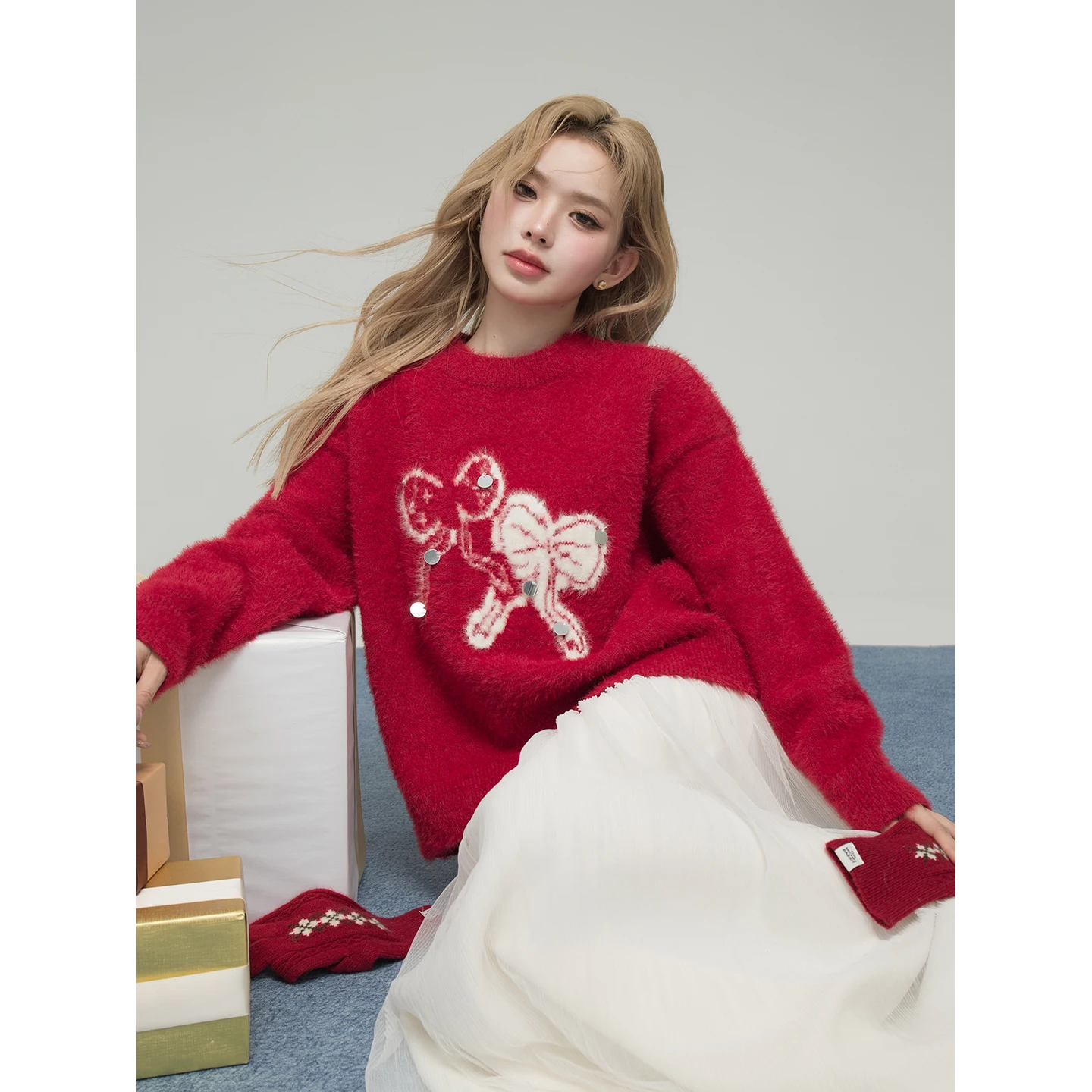 

Cisas Red Sweater with Bow Tie Ne Scarf Festive Feel Sweet Sle Loose Fit Long Sve Polyester Nylon Blend Sweater