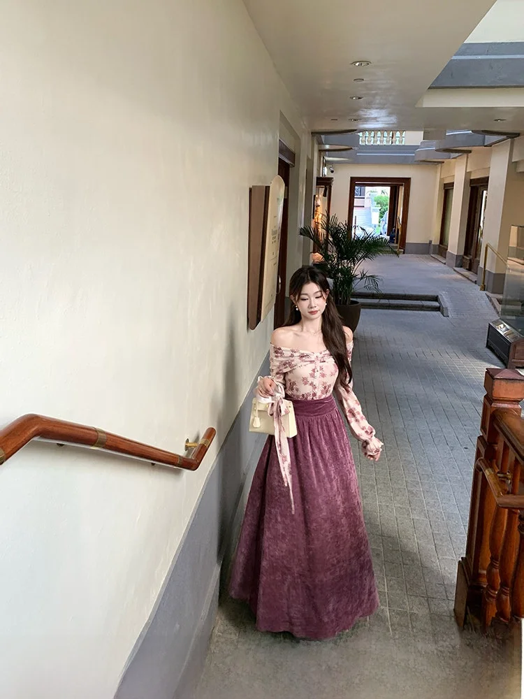 

Ele Miss Hera Two-Piece Set Women's Autumn Winter One-oulder Floral Print Slim Fit Top And Midi Skirt Faion Ensemble