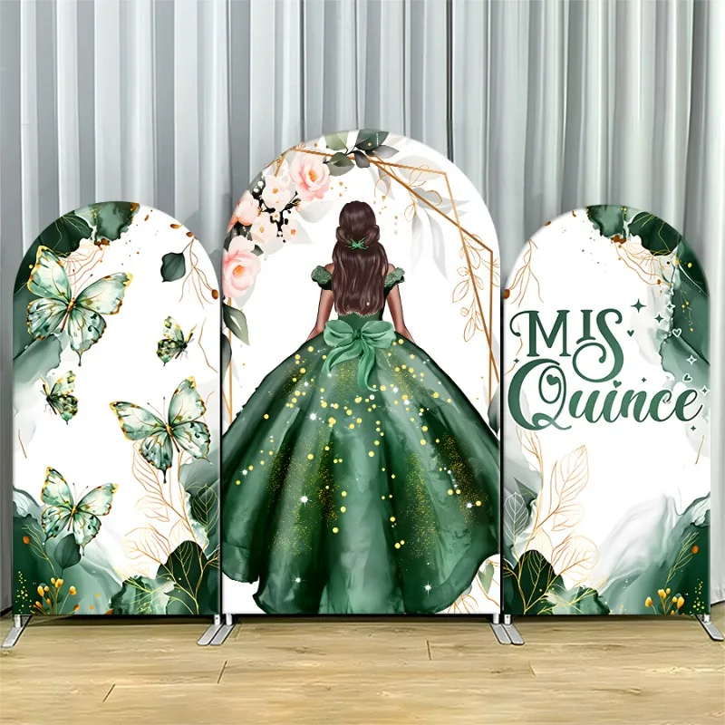 

Arch Backdrop Cover Single Side Quinceanera Green Gown Butterfly Floral Gold Party Decoration Photo Booth Background Event Props