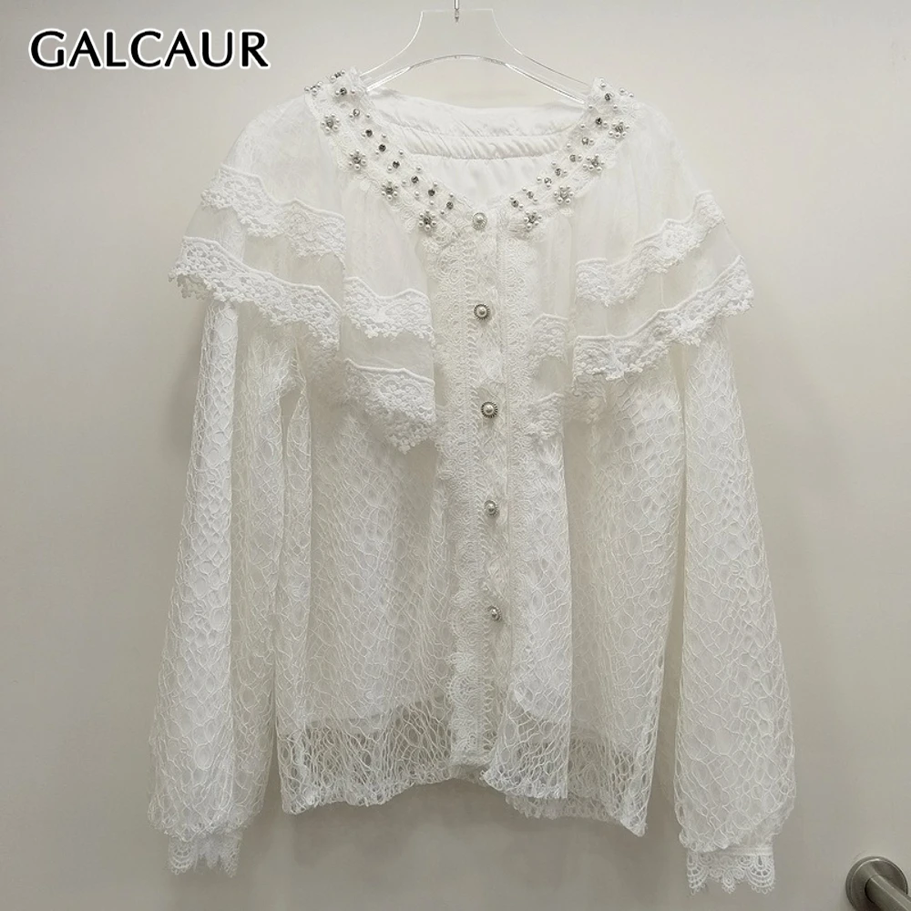 

GALCAUR Solid Spliced Lace Elegant Shirt Female V Neck Long Sleeve Loose Light Luxury Women's Shirts Autumn Fashion Style New