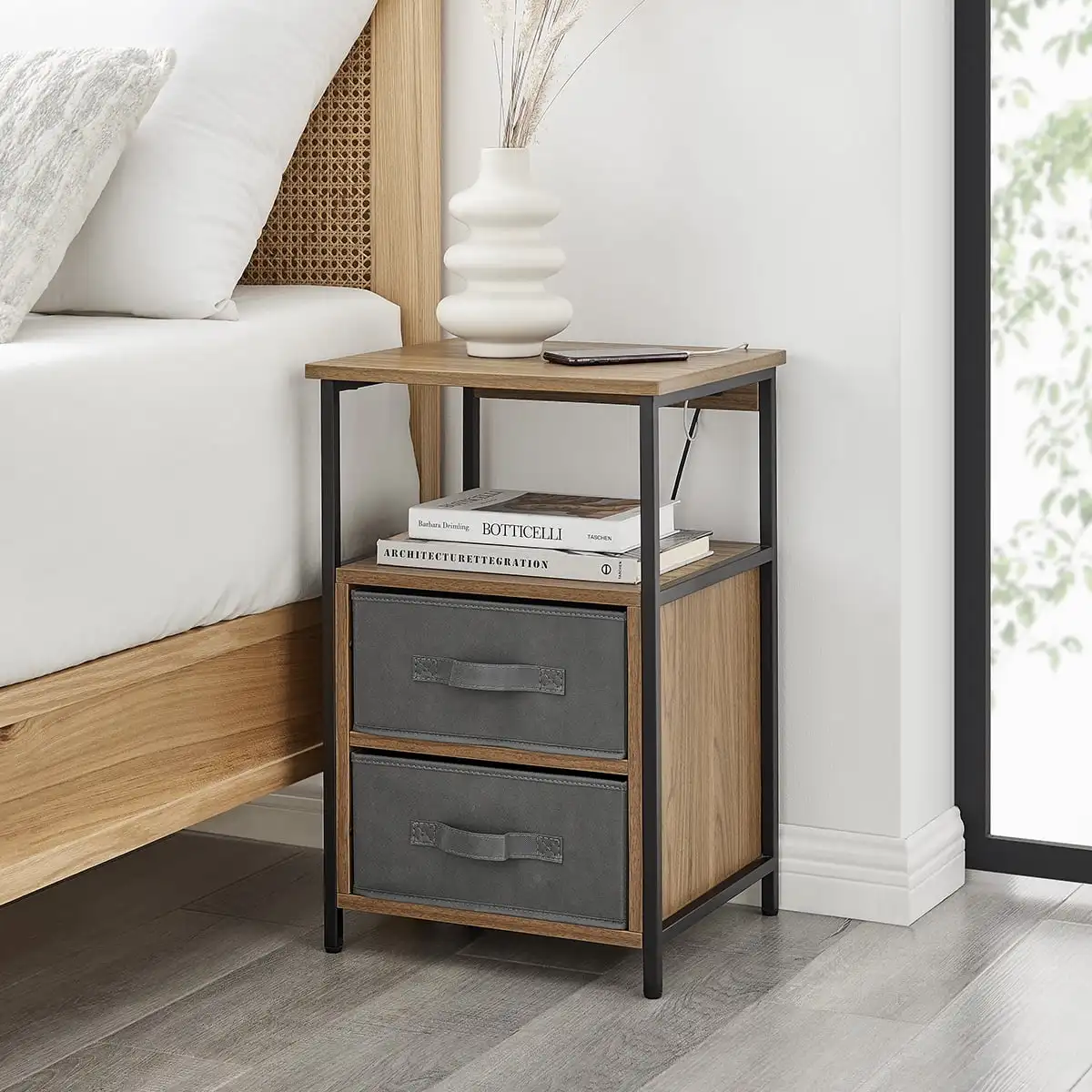 

2-Drawers Nightstand with USB, Black finish