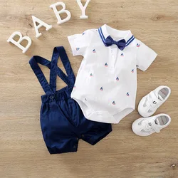 Newborn Clothing Sailboat Cotton 0-18 Boys And Girls Summer Short Sleeved Baby Triangle Jumpsuit+Suspender Pants Two-Piece Set