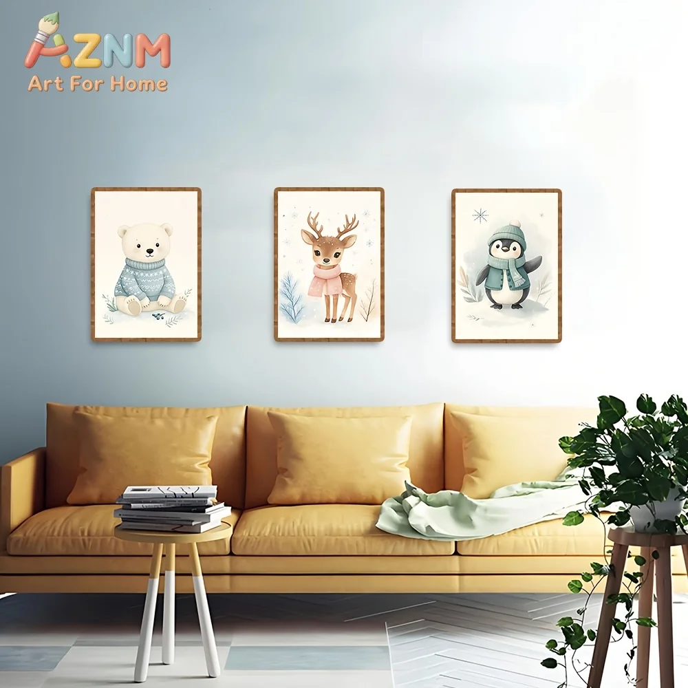 AZNM Winter Animal Canvas Wall Art Polar Bear Deer Penguin Snow Theme Frameless Canvas Painting Nursery Kids Room Home Decor Pos