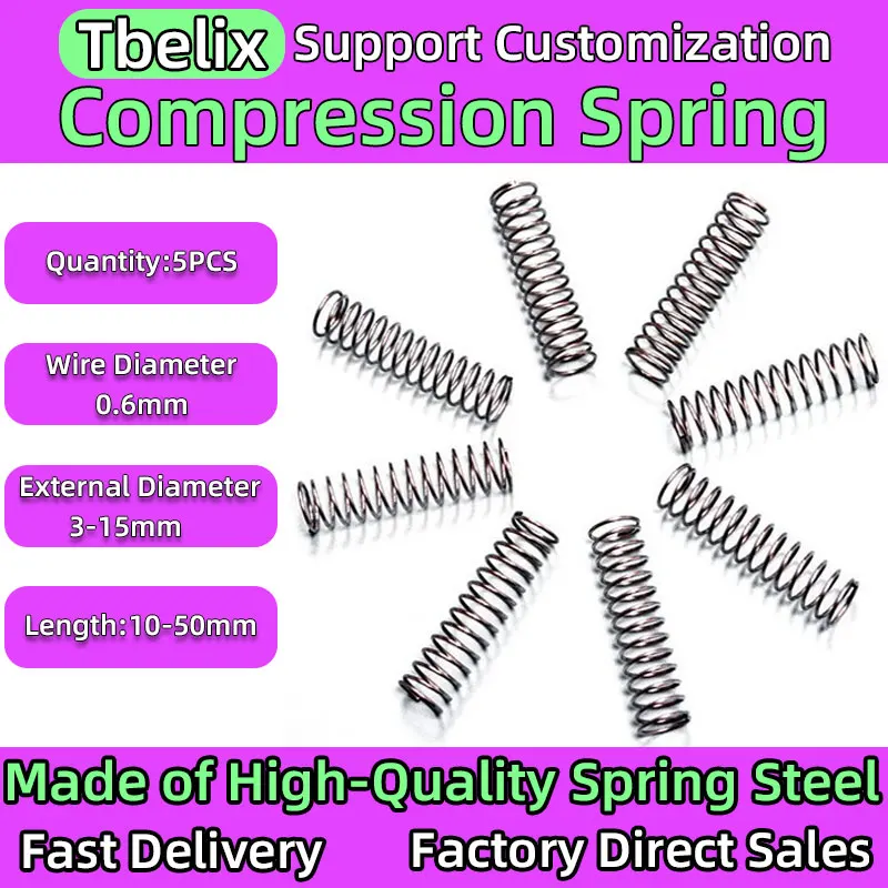 Tbelix Wire Diameter 0.6mm 5PCS Compression Coil Sapring Return Spring 65MN Steel Pressure Springs  OD 3-15mm Length10-50mm