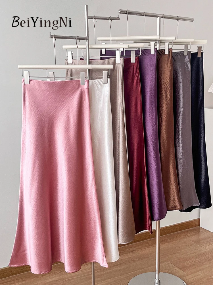 Beiyingni Woman's Satin Maxi Trumpet Skirt Elegant High Street Office Ladies Luxury A-line Skirt Slim Casual Beige Faldas Saias
