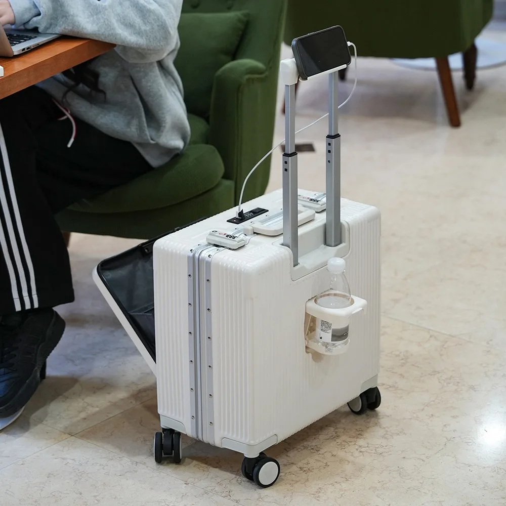 حقيبة سفر بجيب مفتوح من سبائك الألومنيوم بإطار من سبائك الألومنيوم مقاس 18 بوصة حقائب سفر بعجلات مع عجلة دوارة