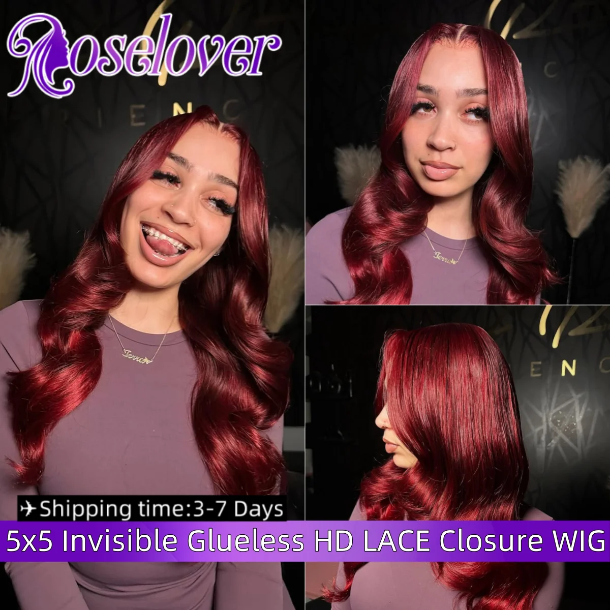 

ROSELOVER 34Inch 5x5 Invisible Real HD Lace Closure Wig Wear to Go Glueless Body Wave 99J Burgundy Human Hair Wigs for Woman