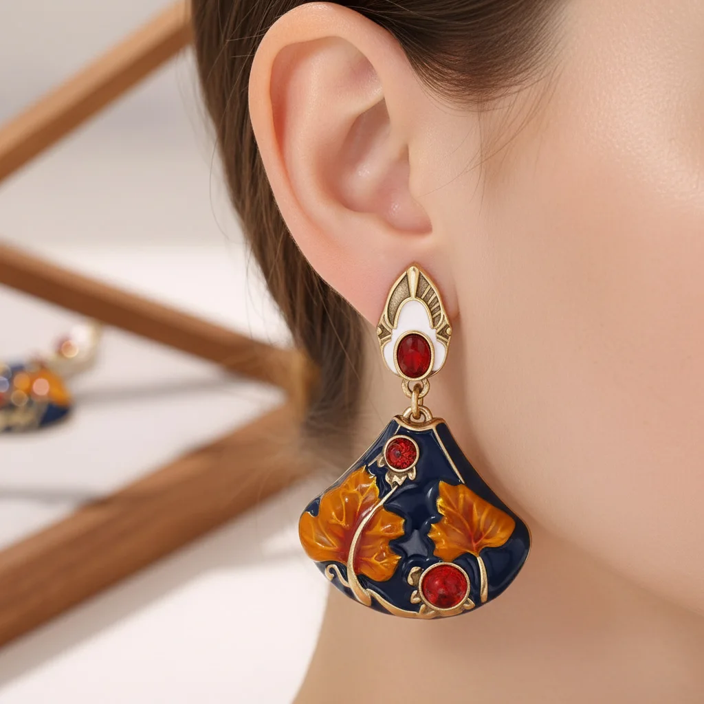 2025 New Vintage Exaggerated Earring for Women 18K Gold Plated Enamel Leaf Fan-shaped Drop Earrings Birthday Party Jewelry