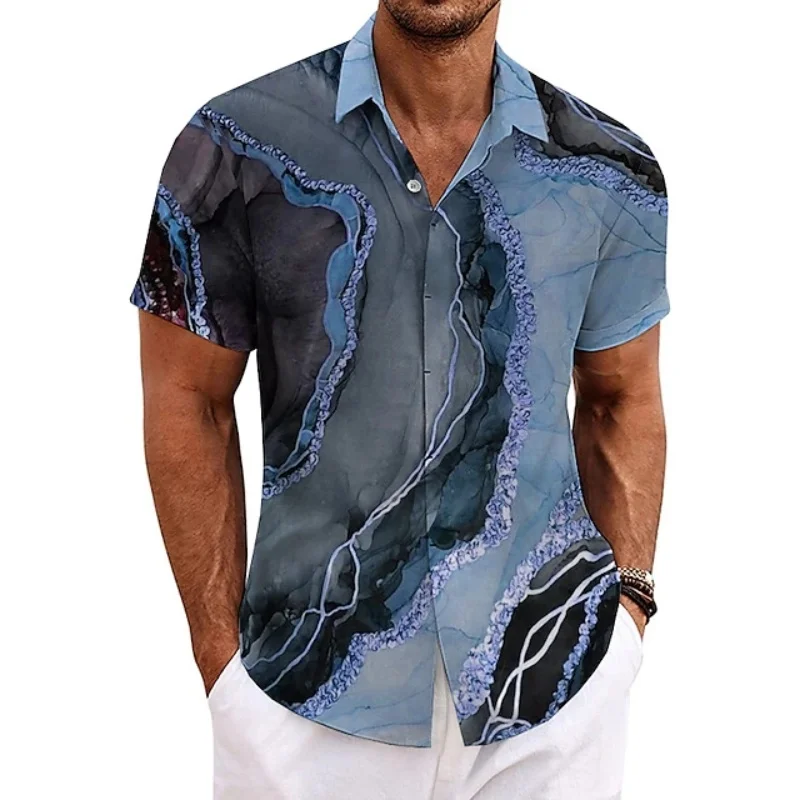 Vintage Splicing Pattern Hawaiian Shirt for Men Colorful Square 3D Printed Short Sleeve Blouse Casual Button Loose Aloha Shirts