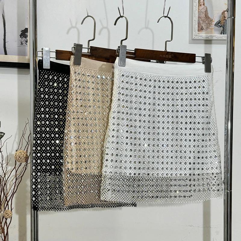 

New Rhinestone Skirt Elastic Waist Slim Women's All-Match Diamond-Embedded Hip Skirt Y2k Skirts