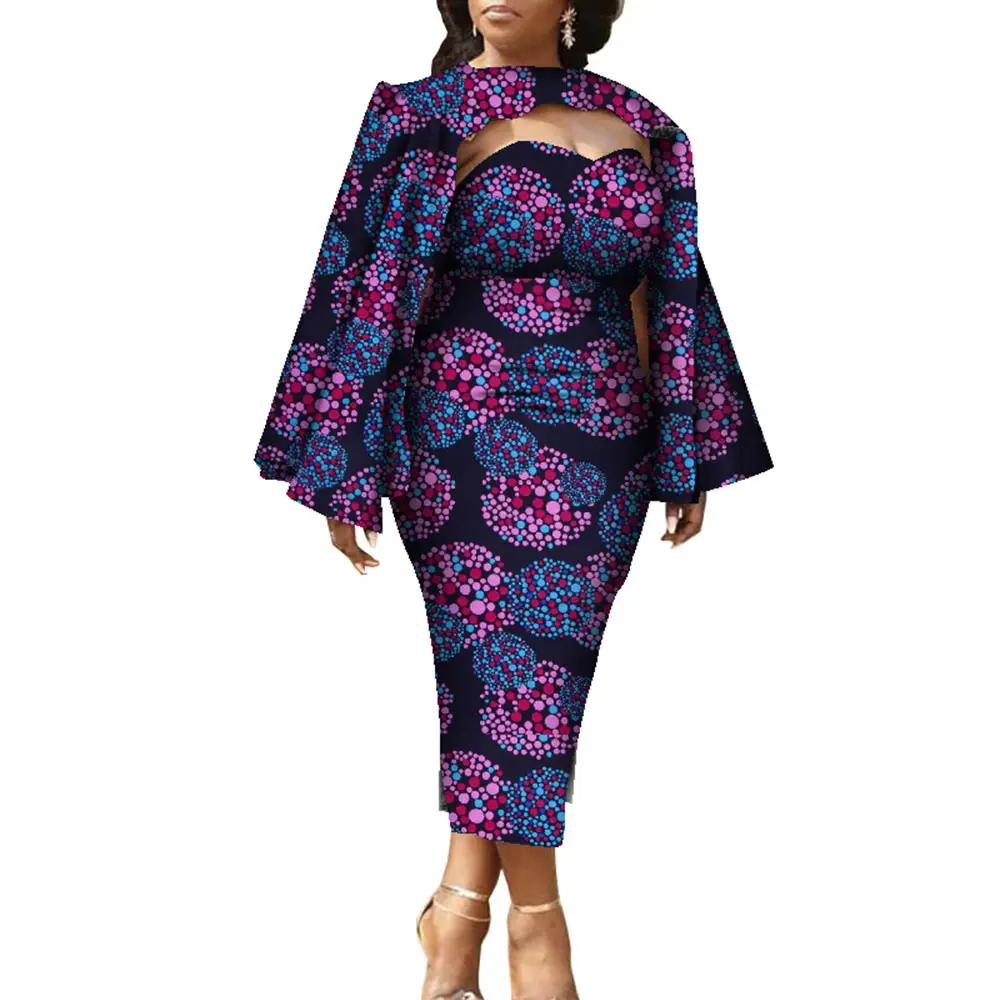 

2 Pcs Set Women African Dresses with Shawl Cloak Fashion Africa Print Clothing for Party Wedding Bazin Riche Plus Size WY8639