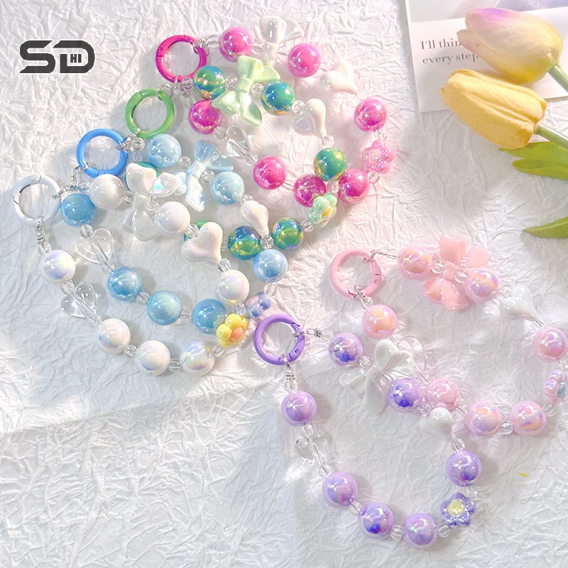 Cute Bow Heart Keychains For Women Sweet Beaded Keyring Bag Decoration Phone Lanyard Earphone Case Pendant Accessories