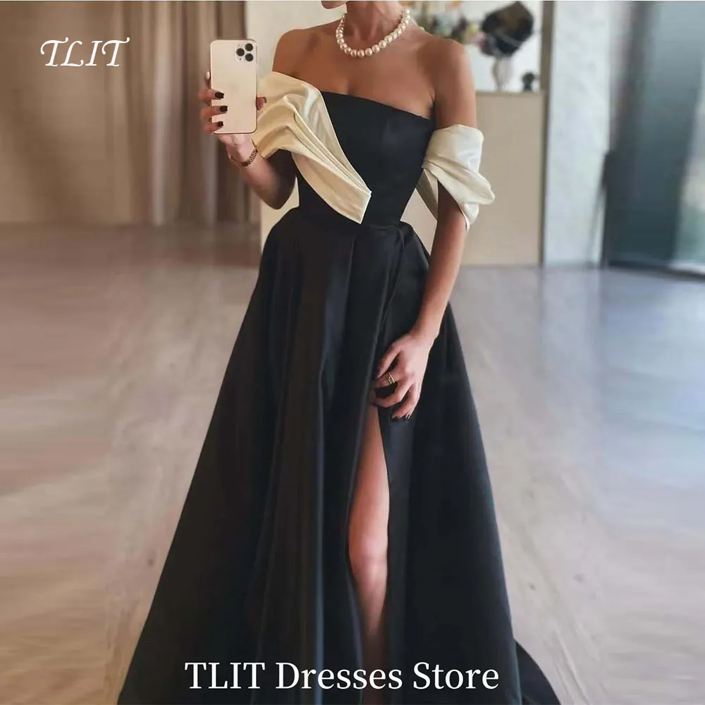 

TLIT Simple Black White Contrasting A-line Evening Gown Dress Sexy Off the Shoulder Prom Gown Customized Formal Party