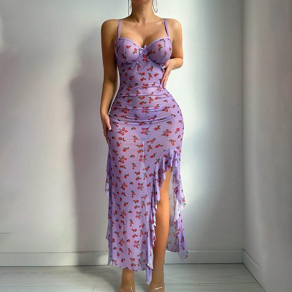 Sexy Women Summer Pajamas Butterfly Printed Spaghetti Strap Slim Slit Dress Nightgowns Elastic Underwear Sleepwear Night Dress - Image 3