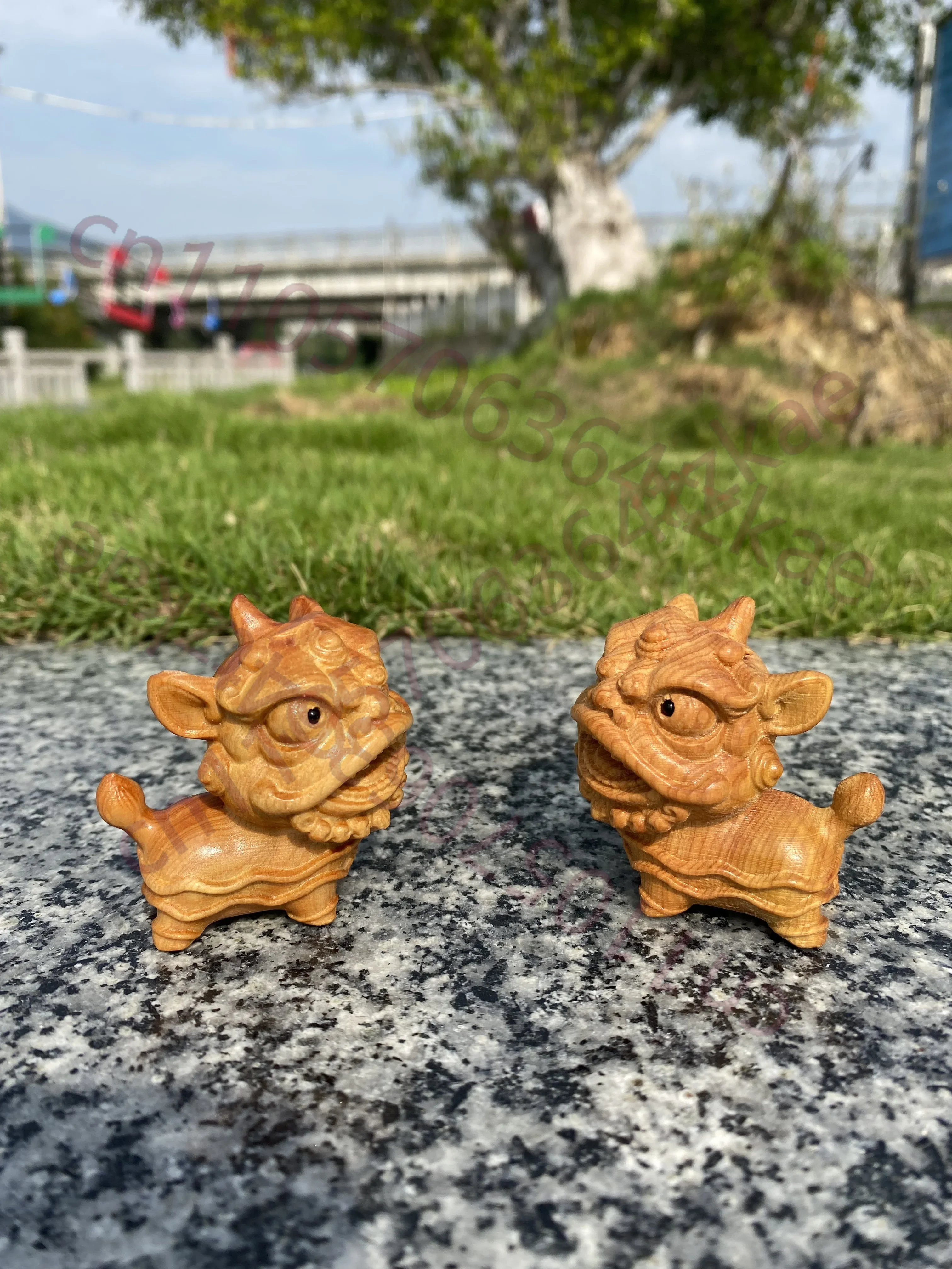 Hand Carved Cypress Wooden Cute Lion Dog Figurine Pair (Set of 2) - Auspicious Ornament Portable Car Office Desk Decor