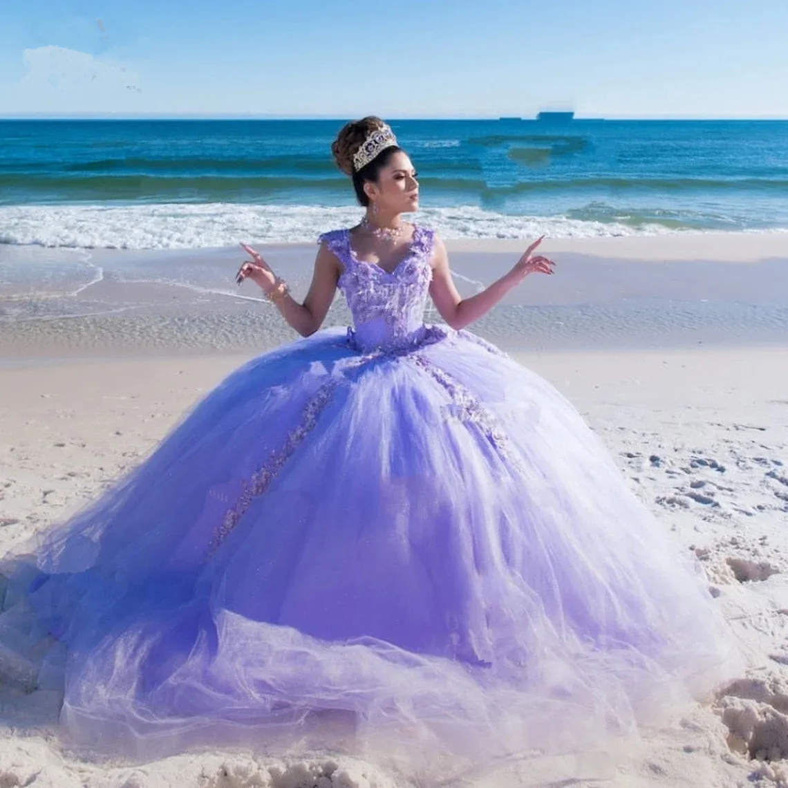 Princess Purple Quinceanera 3D Flower Dresses Off the Shoulder Sweet 15 Party Ball Gown Crystal Customized