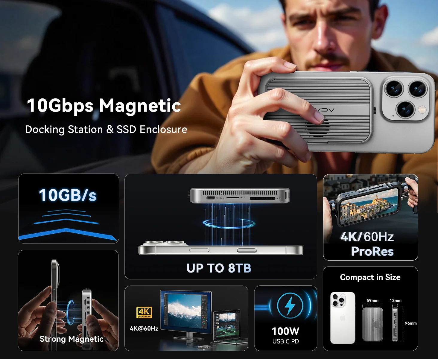 ACASIS M.2 NVMe SSD-Gehäuse Magnetische USB-C-Dockingstation 10 Gbit/s mit Lüfter für iPhone 17/16/15 Pro 2230/42/80 NVMe SSD – Detail 2