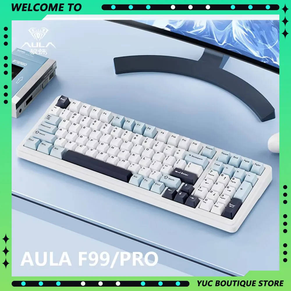 Aula F99/Pro Gaming Keyboard 3-Mode Wireless/Wired RGB Bluetooth 5.0/2.4g Mechanical Keyboard 98 Keys Hot Swappable Customized