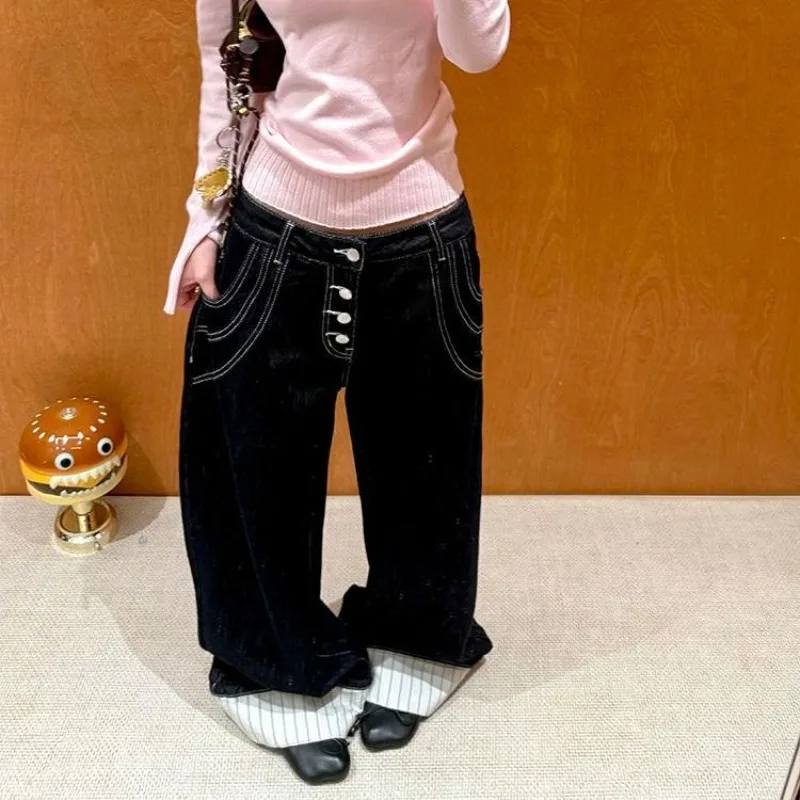 Large-size Bright-line Contrasting Flanged Pants, Jeans, Children's Spice Girl Design Sense, Loose Straight Mopping Trousers