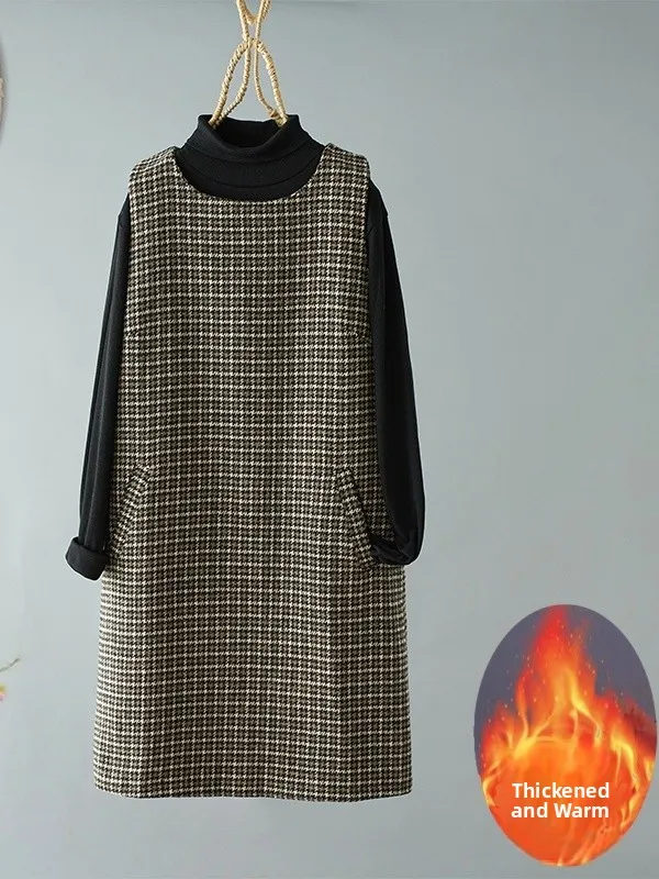 

Plaid Woolen Vest Dr Women's Svel Autumn Winter plus Size Faionable Base Layer Dr Casual Sle A-Line...