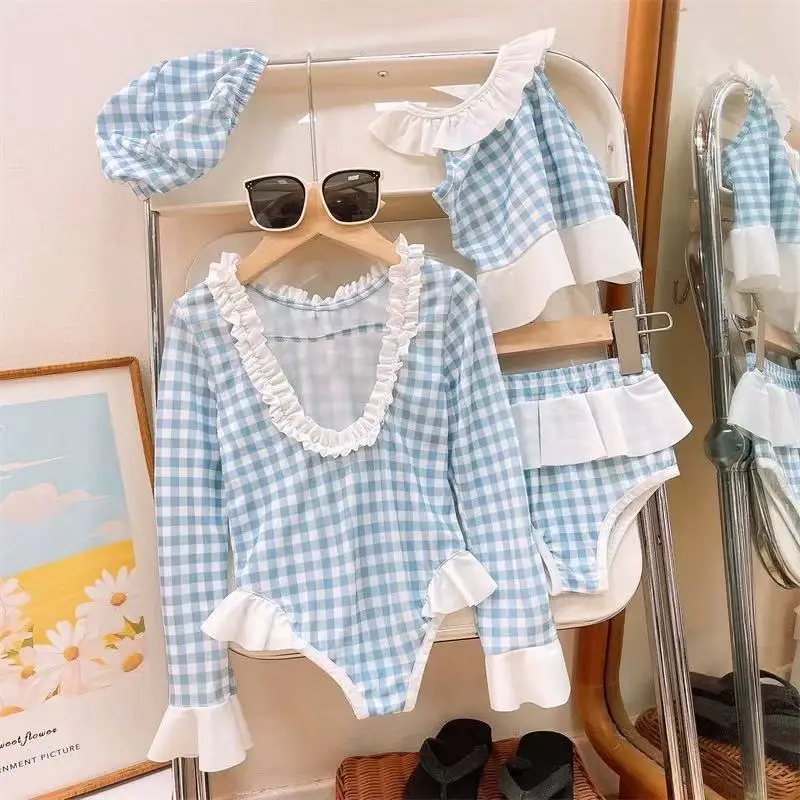New Summer Girls' Sun-Protective Baby Long-Sleeve Plaid One-Piece Swimsuit