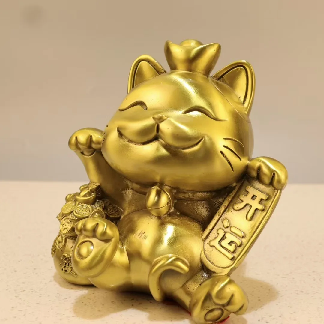 Vintage Bronze Tone Lucky Maneki Neko Ornament Fortune Cat With Ingot Coin Bag Home Store Wealth Desktop Decor Craft