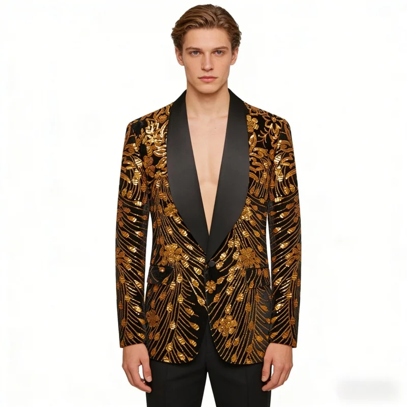 

Men's Sequins Velvet Shawl Lapels Stage Party Prom Wedding Dinner Suit Jacket Blazer Male Singer Host Shiny Tuxedo Coat Costume