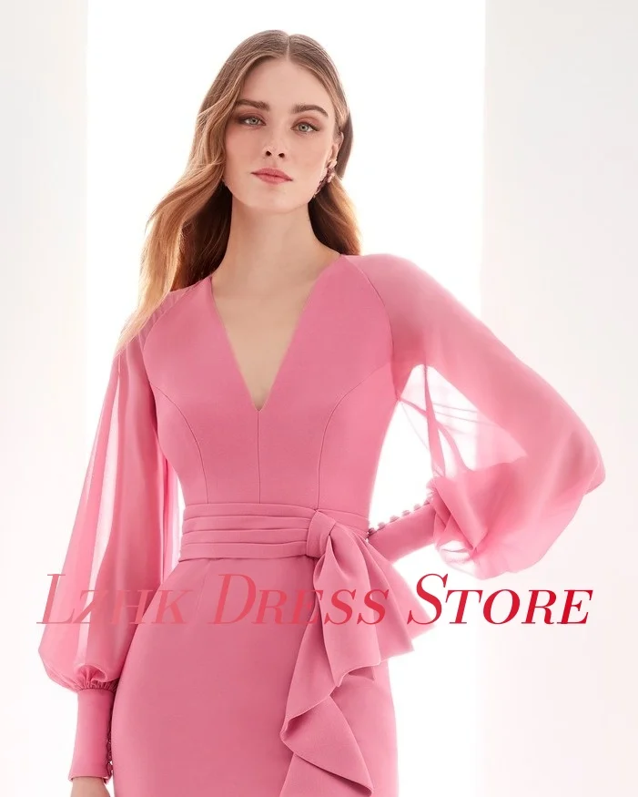 Personalizado gracioso jérsei sereia botões em camadas babados vestido de noite de alta qualidade mangas compridas com decote em v vestidos de celebridades