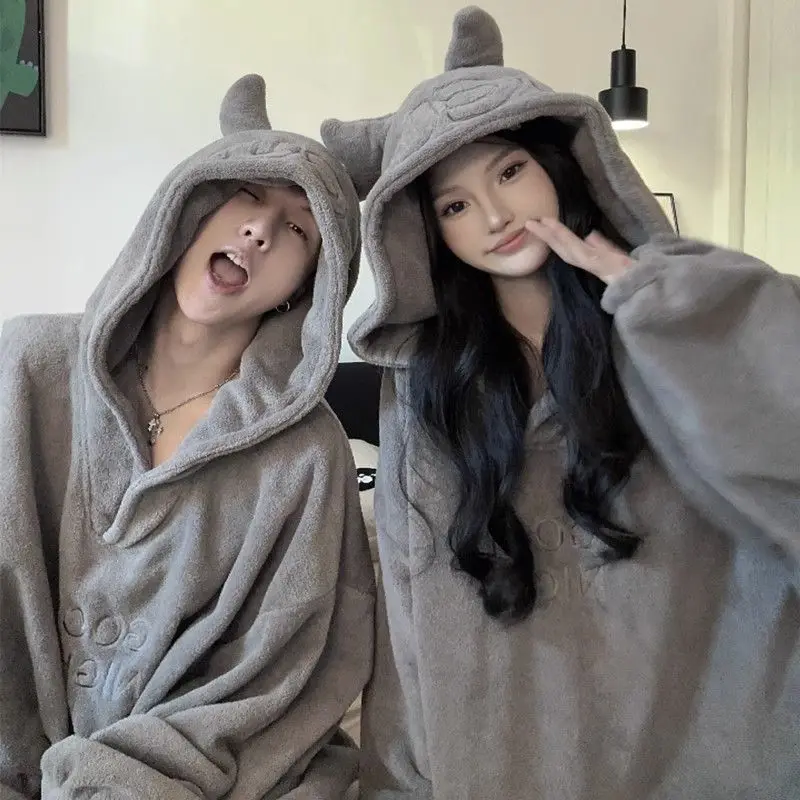 Winter Couple Grey Nightwear Plush Thickened Jumpsuit Hooded Sleepwear Women Long-Sleeve Keep Warm Cute Pajamas Homewear Onesies