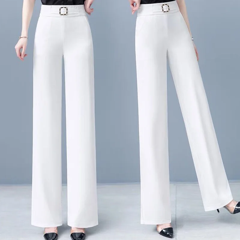 Linha elegante e brilhante para mulheres, calças de elástico na cintura, roupa reta, senhora do escritório, monocromática, cintura alta, verão, novo, 2024