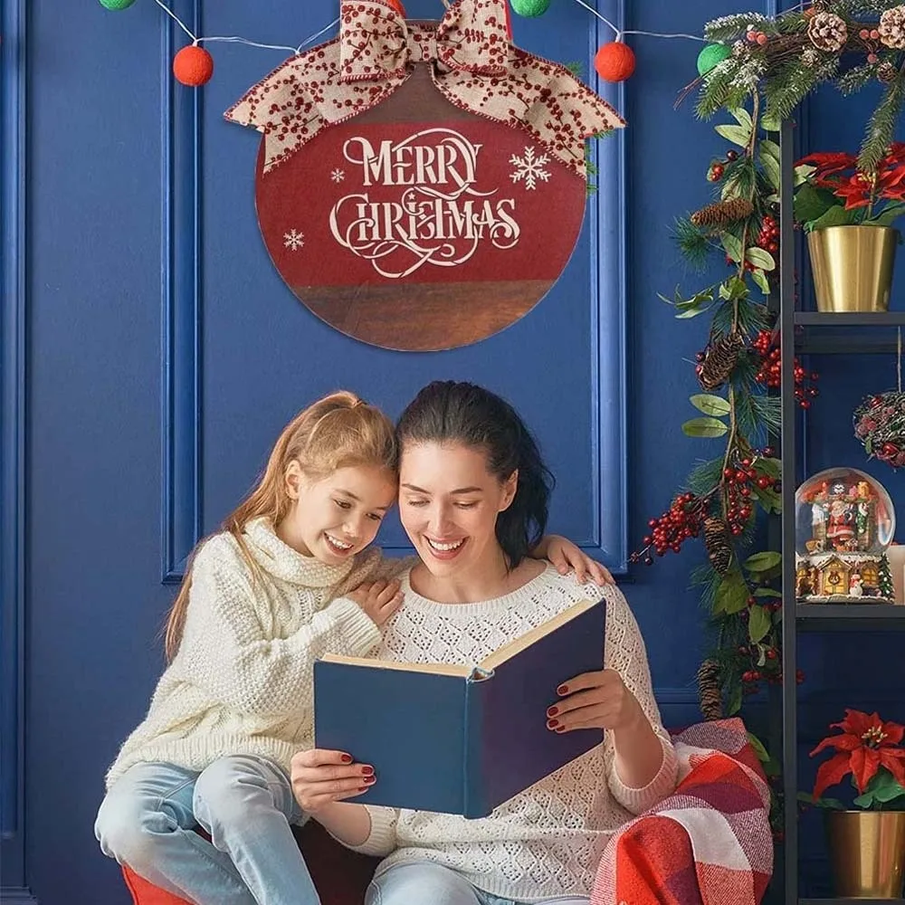 

Cafe Elk Wooden Christmas Pendant Handmade Bow Door Hanging Ornaments Round Santa Claus Christmas Door Decoration Wall