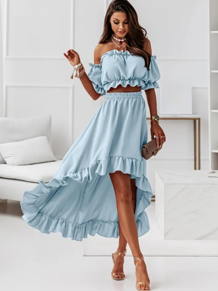 Sexy Off Shoulder Two Piece Set Women Summer Ruffle Backless Outfits Puff Sleeve Strapless Beach Party Skirts 2 Piece Sets Robe