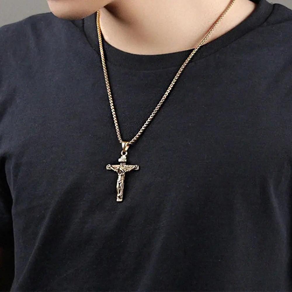 

Gift Stainless steel Cross Street Style Jesus Cross Necklace Metal Clavicle Chain Korean Style Jewelry Men Double Layer Choker