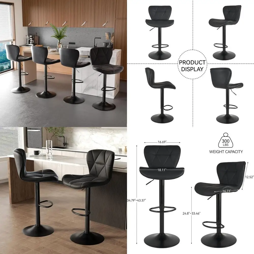 

Черные регулируемые кожаные барные стулья с поворотным механизмом, комплект из 2 штук, стулья для кухонного острова с поддержкой для спины, высота для барной стойки