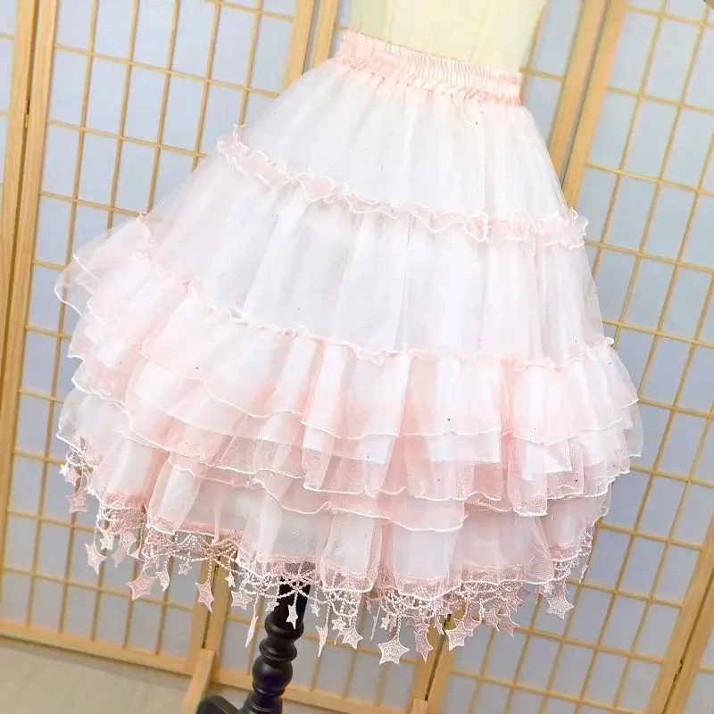 Vrouwen Ster Lolita Solide Crinoline Dansrokken Cosplay Wit Roze Baljurk Tutu Gezwollen Lawaii Petticoats Onder Trouwrok